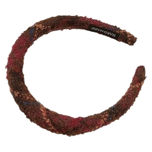 Thickened plaid tweed padded headband for women with a handmade label in deep brown and wine red