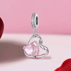 Pink heart zirconia pendant in 925 sterling silver with sparkling accent stones