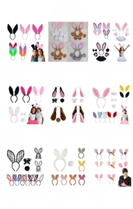 Detailed selection of plush bunny ear headbands and accessory sets in multiple colors