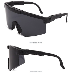 Sporty wraparound sunglasses with matte black frames and grey splatter pattern details