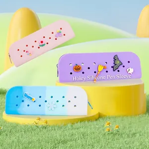 Silicone Pencil Case DIY Hole Design Portable Stationery Storage Bag Cute Decorative Charms For Students
