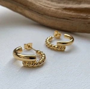 Minimalist 925 sterling silver C-shaped hoop earrings with braided texture and gold finish