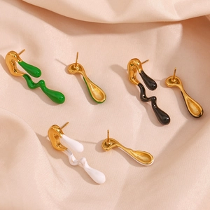 Asymmetric lava melt earrings in 18K gold plated stainless steel with colorful glaze drip