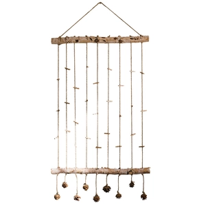 Natural birch wood wall hanging photo display with jute rope, clips and pine cones