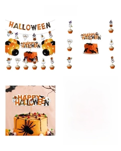 Halloween party set with themed banners, pumpkin cake toppers and orange black balloons