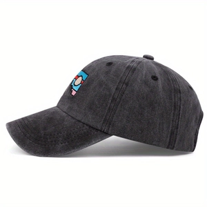 Charcoal grey washed denim baseball cap featuring colorful geometric abstract embroidery