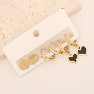 Three-piece gold earring set featuring heart, star, and moon designs with rhinestones