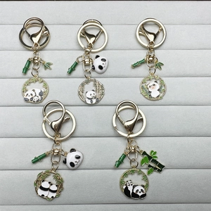 Cute panda and bamboo gold metal keychain set for bags and couples accessories
