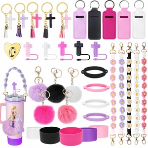 8-piece Stanley cup accessory set with glitter cross straw caps and silicone boot sleeves