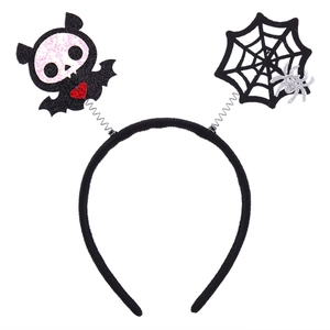 Detail of Halloween headband with spring-loaded bat and silver sequin spider decoration
