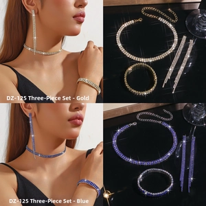 Detailed view of glamorous rhinestone jewelry set with double layer necklace and tassel earrings