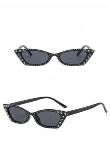 Front and 45-degree side view of black cat eye sunglasses with diamond accents