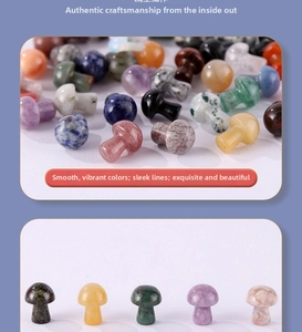 Macro detail of various polished natural gemstone mini mushrooms including amethyst and quartz