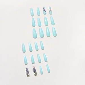 Light blue tiffany coffin fake nails set with rhinestones and gems in 24 piece package