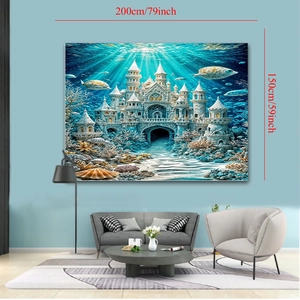 Detailed view of large 200x150cm fantasy underwater castle wall tapestry in living room