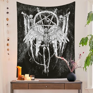 Gothic skull angel tapestry with pentagram on wall in a cozy minimalist home room setup