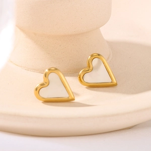 18k gold plated heart earrings with white mother-of-pearl inlay for women