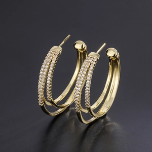 Elegant gold-plated double-hoop earrings featuring sparkling white zircon pave settings