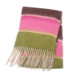 Detailed view of colorful striped scarf featuring brown pink green tones and soft tassels