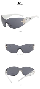 Detailed views of Y2K star-embellished sunglasses with grey lenses and white frames