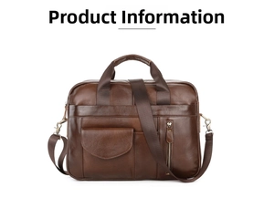 Detailed view of brown leather business briefcase with multiple storage pockets