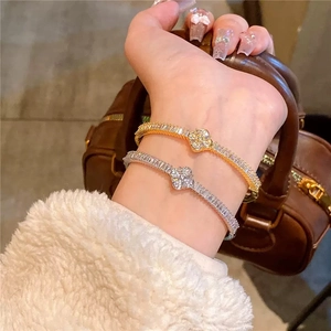 Elegant gold and silver four-leaf clover zircon bracelets with full diamond setting