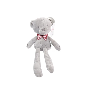 Detailed view of grey plush rabbit toy with red striped bow tie and soft fabric texture