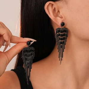 Boucles d'oreilles longues noires à pampilles en zircon et perles de cristal pour femme