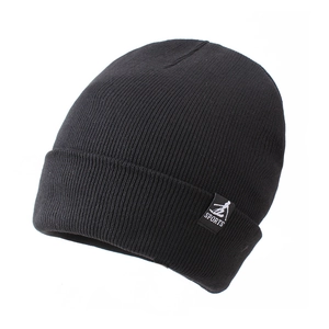Classic black ribbed knit beanie for winter featuring a white sports logo patch
