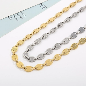 Polished gold and silver stainless steel coffee bean chain necklaces with grid texture