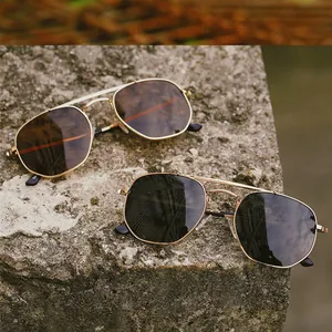 Chic polarized aviator sunglasses with slim gold metal frames and polygon shaped lenses