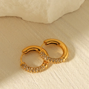 Macro view of gold stainless steel hoop earrings with sparkling micro-paved rhinestones
