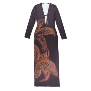 Detailed flat lay of deep purple maxi dress featuring lily floral print and deep V-neck