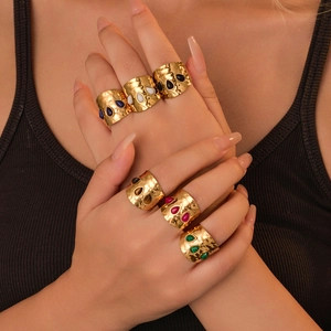 French vintage wide gold rings with hammered texture and colorful natural stones for women