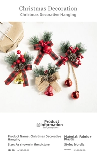 Set of Nordic Christmas ornaments with buffalo plaid bows, pine cones and festive bells
