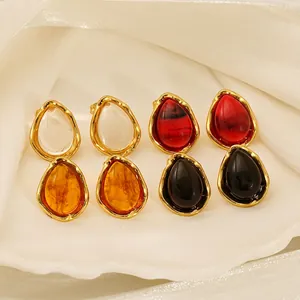 Irregular Water Drop Stud Earrings For Women Resin And 18K Gold Plated Stainless Steel Vintage French Style Elegant