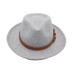 Detail of light gray fedora hat with a premium brown leather band and metal buckle