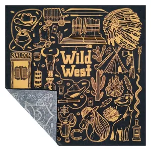 Wild West themed black square bandana with golden cowboy and Indian print design