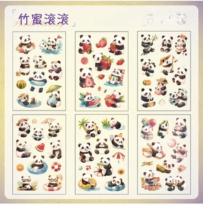 Detail showing Panda Rolling PET sticker set with six cute watercolor panda designs