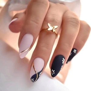 Matte Almond Press On Nails With Flower Pattern Pink Black Geometric Lines Elegant Artificial Nails For Women