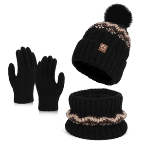 Ensemble d'hiver 3 pièces avec bonnet à pompon, écharpe et gants à motif géométrique