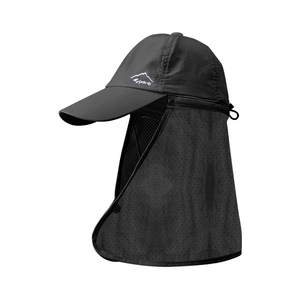 Outdoor sun protection hat with long brim and removable neck flap in black breathable fabric