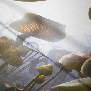 Detail of bohemian mushroom tapestry showing soft fabric texture and digital printing