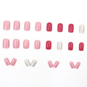 Short square press-on nails set with glitter rose pink and soft white solid colors