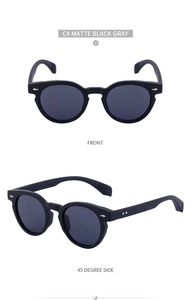 Front and 45-degree angle view of matte black oval frame sunglasses with UV protection