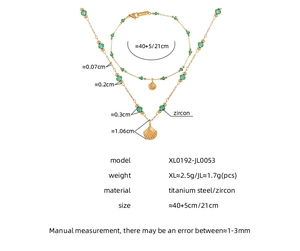 Detailed size parameters of gold titanium steel necklace with green beads and shell pendant