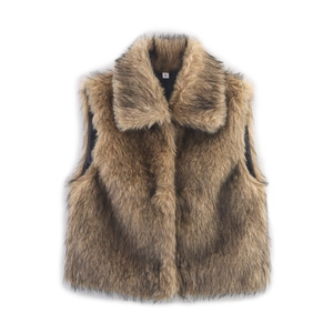 Fashionable brown faux fur sleeveless vest in fluffy texture for women's stylish winter look