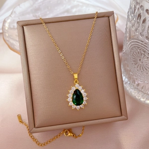 Titanium steel necklace with green emerald water-drop pendant and sparkling crystals