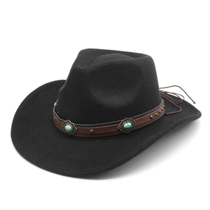 Vintage Western Cowboy Hat For Men Women Cotton Woolen Wide Brim Fedora Jazz Hat With Turquoise Leather Belt Decor