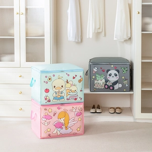 Detail showing high-capacity cartoon storage bags with handles and durable zippers